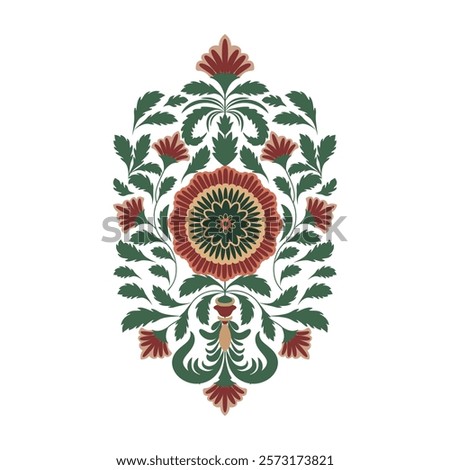 This design features Indian motifs inspired by Mughal art, showcasing intricate Mughal flower motif and flower designs in a seamless block print pattern. pink Mughal flower design, Motif embroidery