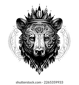 This design features a majestic bear head adorned with a crown, symbolizing strength, courage, and royalty. The intricate details and bold lines create a powerful image