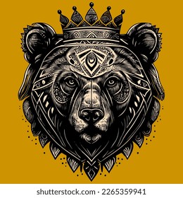 This design features a majestic bear head adorned with a crown, symbolizing strength, courage, and royalty. The intricate details and bold lines create a powerful image
