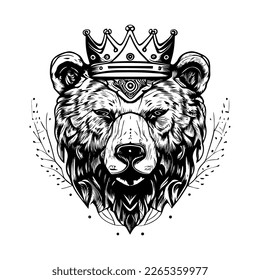 This design features a majestic bear head adorned with a crown, symbolizing strength, courage, and royalty. The intricate details and bold lines create a powerful image