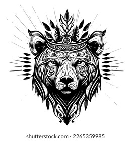 This design features a majestic bear head adorned with a crown, symbolizing strength, courage, and royalty. The intricate details and bold lines create a powerful image
