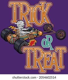 This design features a  mummy driving a go cart shaped like a sarcophagus with the words trick or treat.