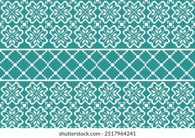 This design features pixelated floral and geometric patterns, blending traditional textile art with a modern twist. Perfect for fabric, wallpaper