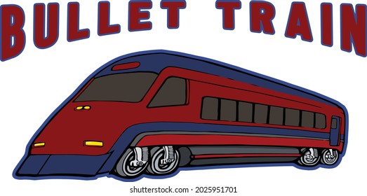 This design features a red and blue bullet train at an extreme angle with the words bullet train above. 