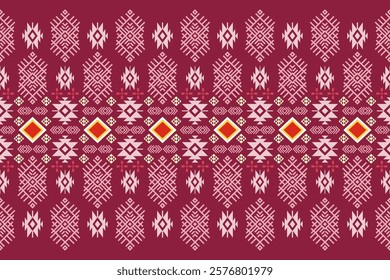 This design features a repeating horizontal pattern against a deep, rich red background. The pattern consists of stylized geometric motifs, primarily diamonds and angular shapes, rendered in shades 