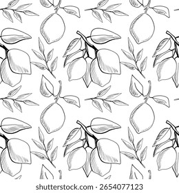 Este design apresenta um padrão repetitivo de limões desenhados à mão e folhas em um fundo branco nítido, incorporando uma vibração fresca e viva ideal para vários projetos.