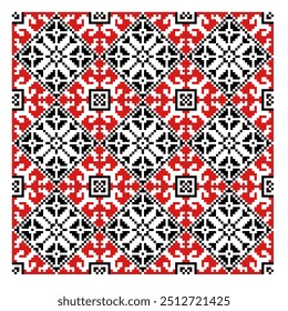 This design features a repetitive cross-stitch pattern with bold red and black geometric shapes, creating a striking and traditional look reminiscent of classic embroidery styles.
