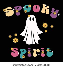 This design features a retro sheet ghost with 70s-inspired typography. Simple line art on a white background makes it ideal for Halloween T-shirts, posters, and seasonal decor.