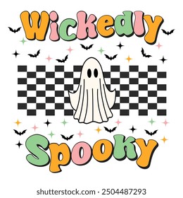 This design features a retro sheet ghost with 70s-inspired typography. Ideal for Halloween T-shirts, posters, seasonal decorations, and festive party invites. Simple line art on a white background.