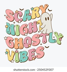 This design features a retro sheet ghost with 70s-inspired typography. Ideal for Halloween T-shirts, posters, seasonal decorations, and festive party invites. Simple line art on a white background.