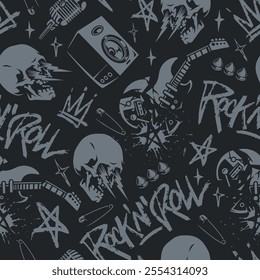 This design features a rock and roll theme with graphic elements like skulls guitars microphones and bold text. Dark background enhances the edgy aesthetic of the artwork.