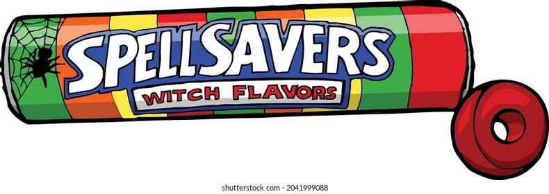 This design features a roll of hard candy with the name spellsavers.