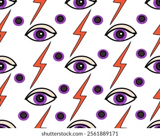 This design features a seamless pattern consisting of various eyes and striking lightning bolts set against a crisp, clean white background