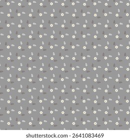 This design features a seamless repeating floral pattern with delicate white flowers and small leaves on a monochromatic gray background,
