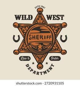 Este diseño cuenta con una insignia del sheriff del salvaje oeste. Muestra una estrella con texto sobre la ley y el orden. Tiene herraduras y un borde decorativo con una fecha establecida.