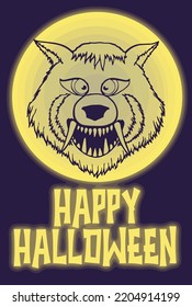 This design features a silhouette of a werewolf face in front of a full moon and the expression happy halloween.