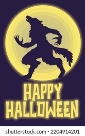 This design features a silhouette of a werewolf howling in front of a full moon and the expression happy halloween.