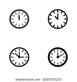 This design features a simple clock icon set with transparent background, each clock showing different times, using black outline, rendered as vector graphic.