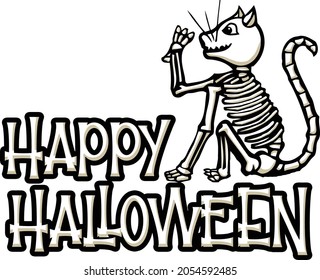 This design features a skeleton cat and text saying happy halloween. 