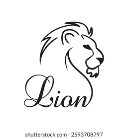 This design features a sleek, minimalist lion illustration integrated seamlessly with elegant cursive typography spelling "Lion." The lion's head is drawn with fine, flowing lines