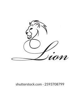 This design features a sleek, minimalist lion illustration integrated seamlessly with elegant cursive typography spelling "Lion." The lion's head is drawn with fine, flowing lines