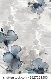 This design features a soft, elegant watercolor background with blue and gray floral motifs scattered across a subtly textured surface. The flowers have an ethereal, abstract quality that blends 