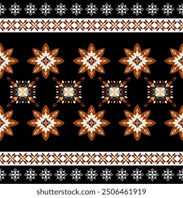 This design features a sophisticated and symmetrical pattern dominated by floral motifs. The main elements are large, star-shaped flowers in warm earthy tones of brown, beige, and hints of white, set 