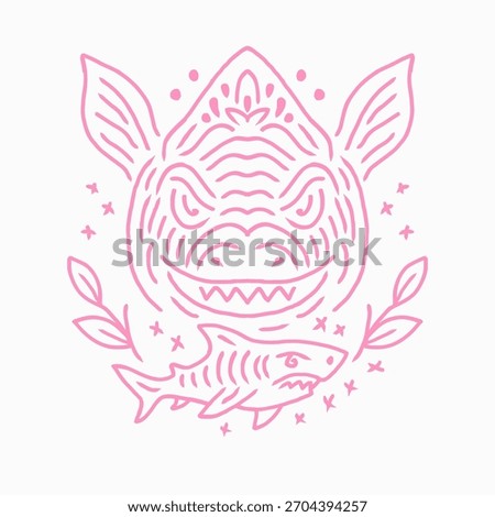This design features a stylized motif combining elements of a shark and a mythical creature, distinguished by large ears and a fierce expression. 