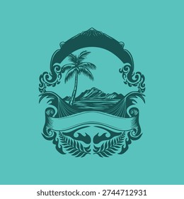 This design features a stylized tropical scene with a palm tree (family Arecaceae) and a mountainous backdrop, framed by decorative swirls and foliage. It is set against a turquoise background, conveying a vintage or emblematic aesthetic. Central elements include waves and ornate scrollwork, with an empty banner likely intended for text. The intricate art style suggests a possible inspiration from island or coastal motifs.