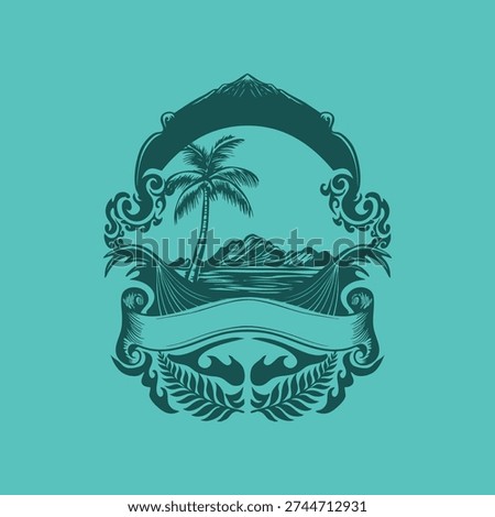 This design features a stylized tropical scene with a palm tree (family Arecaceae) and a mountainous backdrop, framed by decorative swirls and foliage. It is set against a turquoise background, conveying a vintage or emblematic aesthetic. Central elements include waves and ornate scrollwork, with an empty banner likely intended for text. The intricate art style suggests a possible inspiration from island or coastal motifs.