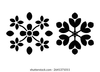 This design features a symmetrical floral pattern on the left and a snowflake pattern on the right, both in solid black on a white background.