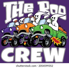 Dieses Design umfasst drei Gespenster, die verschiedene klassische LKWs mit dem Text Boo Crew fahren. 