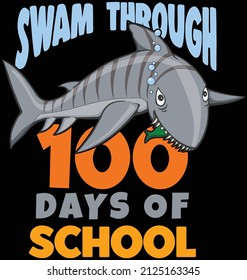 Este diseño presenta un tiburón tigre con las palabras nadando durante 100 días de clases. 