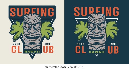 This design features a tiki mask palm trees and text. The club is established in 1991 and is focused on surfing. The colors stand out and highlight the surfing culture in Hawaii.