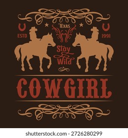Este design apresenta duas vaqueiras montando cavalos mostrando um tema do Texas vintage. Inclui elementos como ferraduras e letras elegantes, enfatizando um espírito aventureiro divertido.