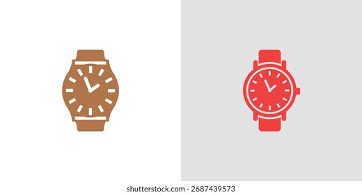 This design features two isolated watch icons in brown and red. They have a modern, flat design. These timepieces are set against a white background.