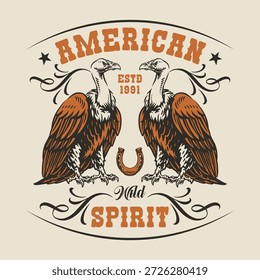 Dieses Design verfügt über zwei majestätische Adler einander gegenüber mit Vintage-Schrift, die amerikanischen Geist liest. Ein Hufeisen und dekorative Wirbel umgeben die zentrale Bildwelt.