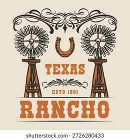 Dieses Design verfügt über zwei Vintage-Windmühlen mit einem Hufeisen-Symbol, das die texanische Ranch-Kultur darstellt. Es wurde 1991 gegründet und zeichnet sich durch einen rustikalen und energetischen Geist der Landschaft aus.