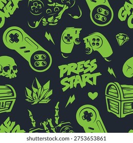 This design features various gaming elements like controllers skulls gems and treasure chests. It uses bright green colors on a dark background creating a playful gaming theme.