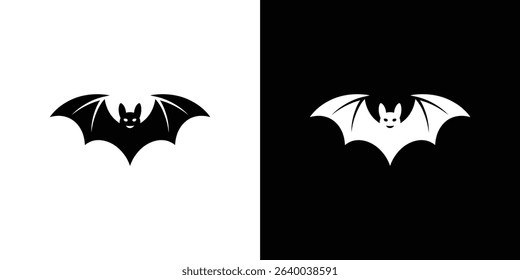This design features vector illustrations of a bat; a black bat on a white background and a white bat on a black background. Useful as design element.
