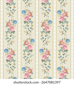 Este design apresenta listras verticais com arranjos florais intrincados, evocando uma estética vintage intemporal.