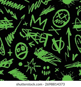 Este design apresenta uma textura marcador verde vibrante com vários elementos de arte de rua em um fundo preto. Os padrões caóticos incluem coroas de setas e esboços expressivos.