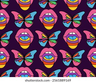 This design features a vibrant pattern showcasing a multitude of colorful butterflies and lips elegantly arranged on a rich purple background