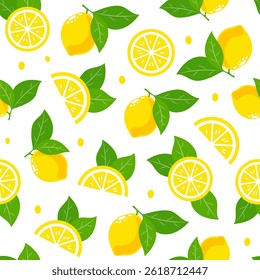 This design features vibrant yellow lemons with green leaves scattered across a white background. The arrangement includes whole lemons and sliced lemon pieces, offering a fresh, citrusy vibe.