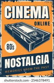 Este diseño presenta una cinta VHS vintage y destaca la alegría del cine en línea que evoca recuerdos de los años 80 y conecta a los espectadores con un pasado nostálgico.