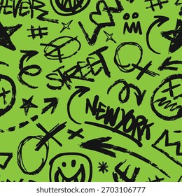 This design features a vivid green background filled with abstract black marker scribbles. The patterns include symbols words and shapes expressing urban creativity and energy.