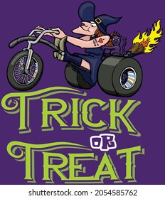 This design features a witch driving a motorcycle trike with the words trick or treat.