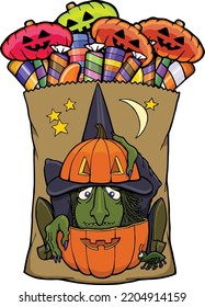 Este diseño presenta una bruja dentro de una calabaza en una bolsa de papel marrón llena de dulces de halloween.