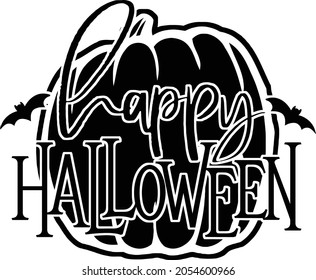 This design features the words happy halloween with a pumpkin in the  background. 