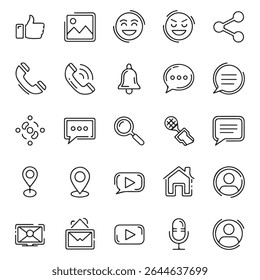 Este arquivo de design contém uma coleção de vinte e cinco ícones de interface do usuário. Os ícones são projetados em um estilo minimalista moderno com contornos pretos, adequado para várias aplicações.